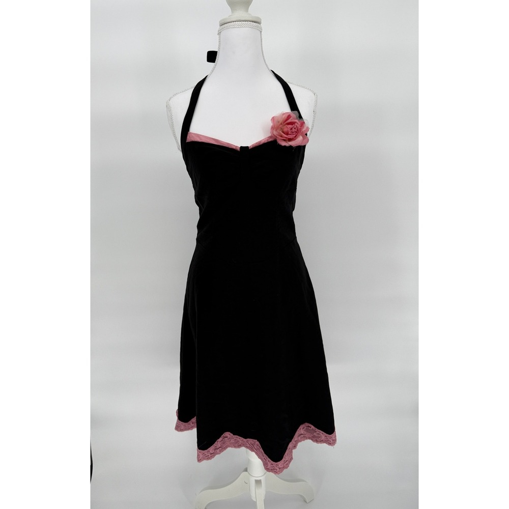 VTG 90s Rampage Whimsigoth Fairy Grunge Halter Dress Black Pink Lace Trim Size 7